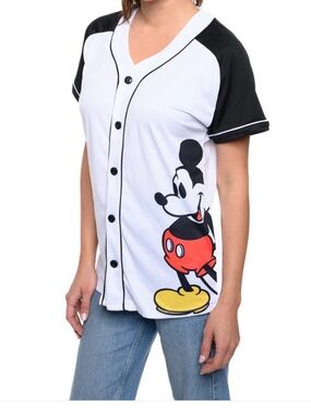 Disney White Black Mickey Mouse Baseball Jersey with Red Yellow Accent